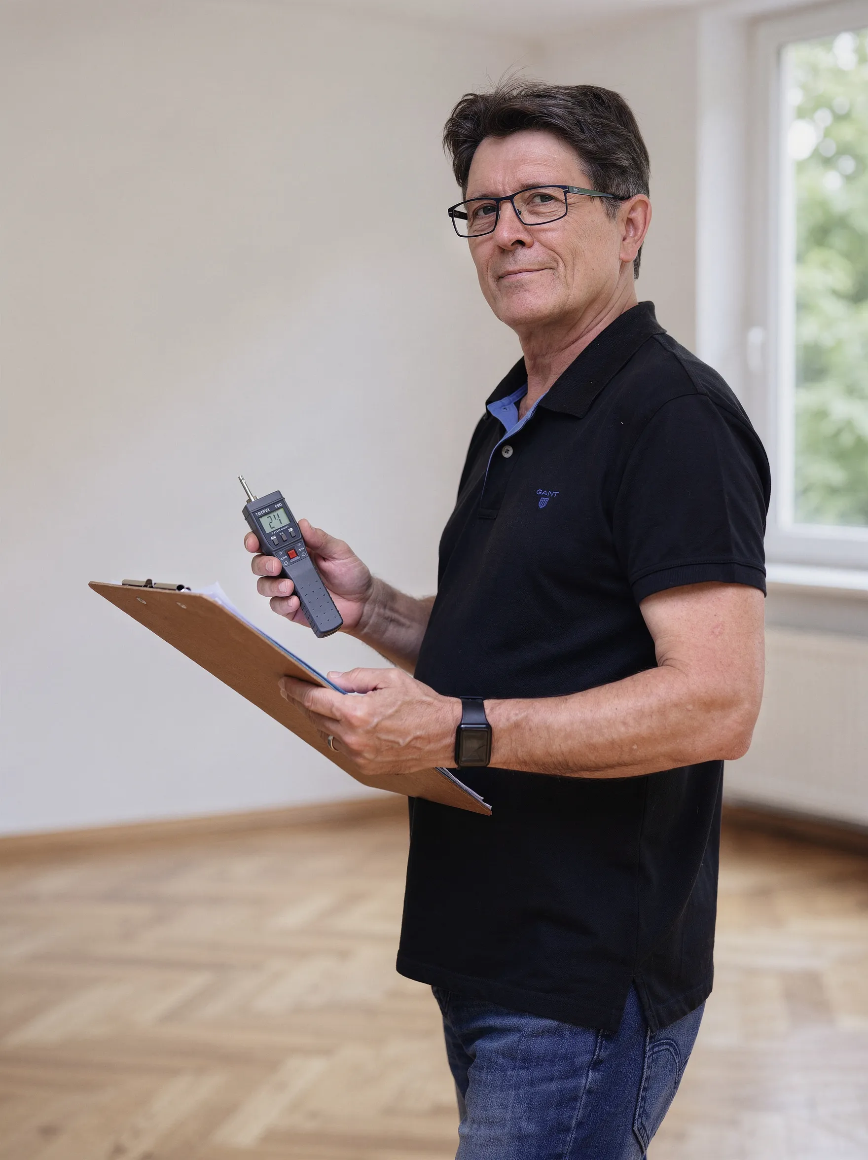Inšpektor spoločnosti Nemoinspekt meria vlhkosť muriva v prázdnom byte profesionálnym vlhkomerom