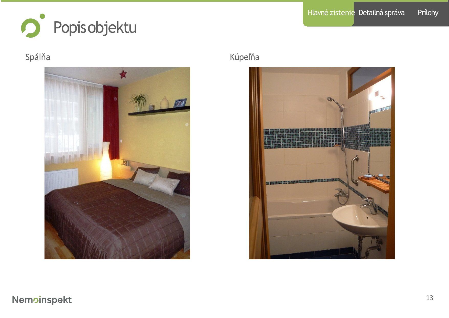 Strana 14, popis objektu s fotodokumentáciou spálne a kúpeľne